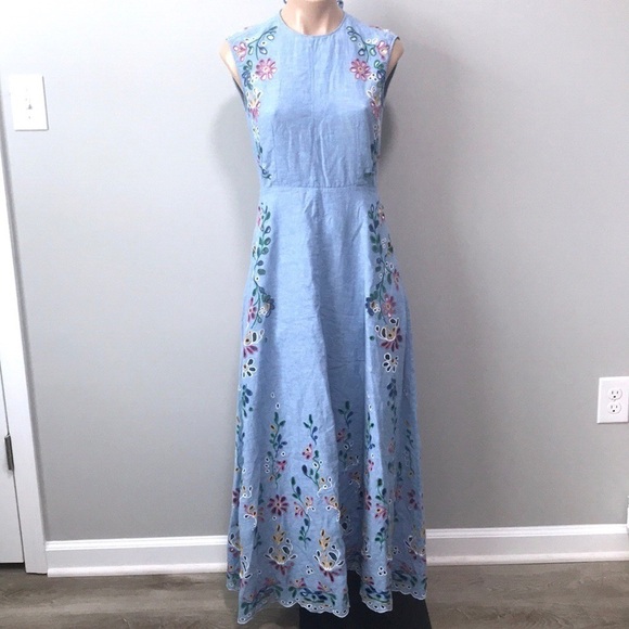 Chloé Chambray Embroidered Maxi Dress Downy Blue Eyelet Size 34 - Picture 2 of 16